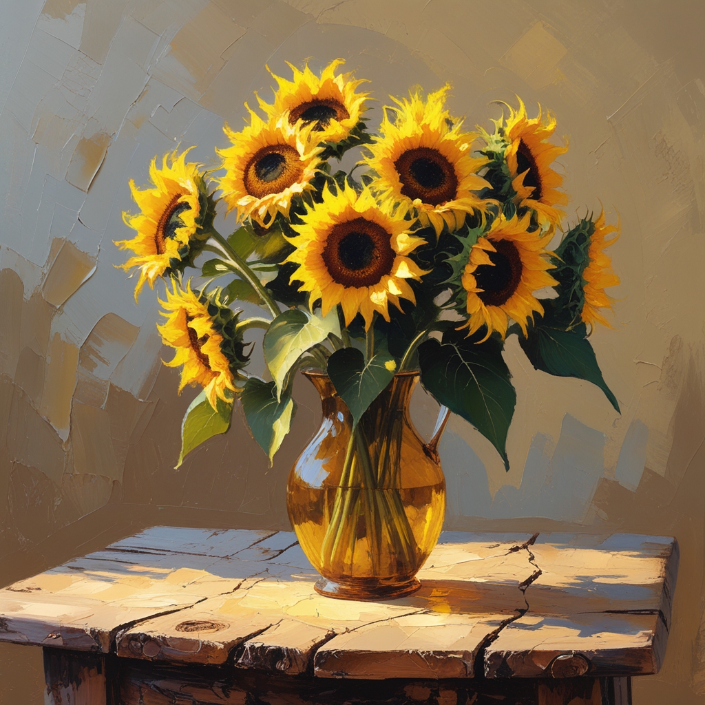 A rustic wooden table with a delicate vase overflowing with sunflowers ...