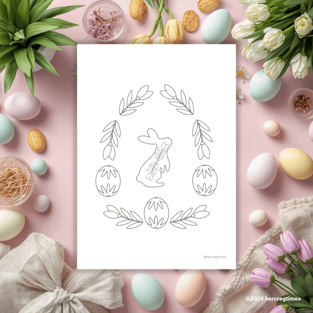 easy easter bunny coloring page circle motiv with eggs and flowers illustrated by herczeg timea