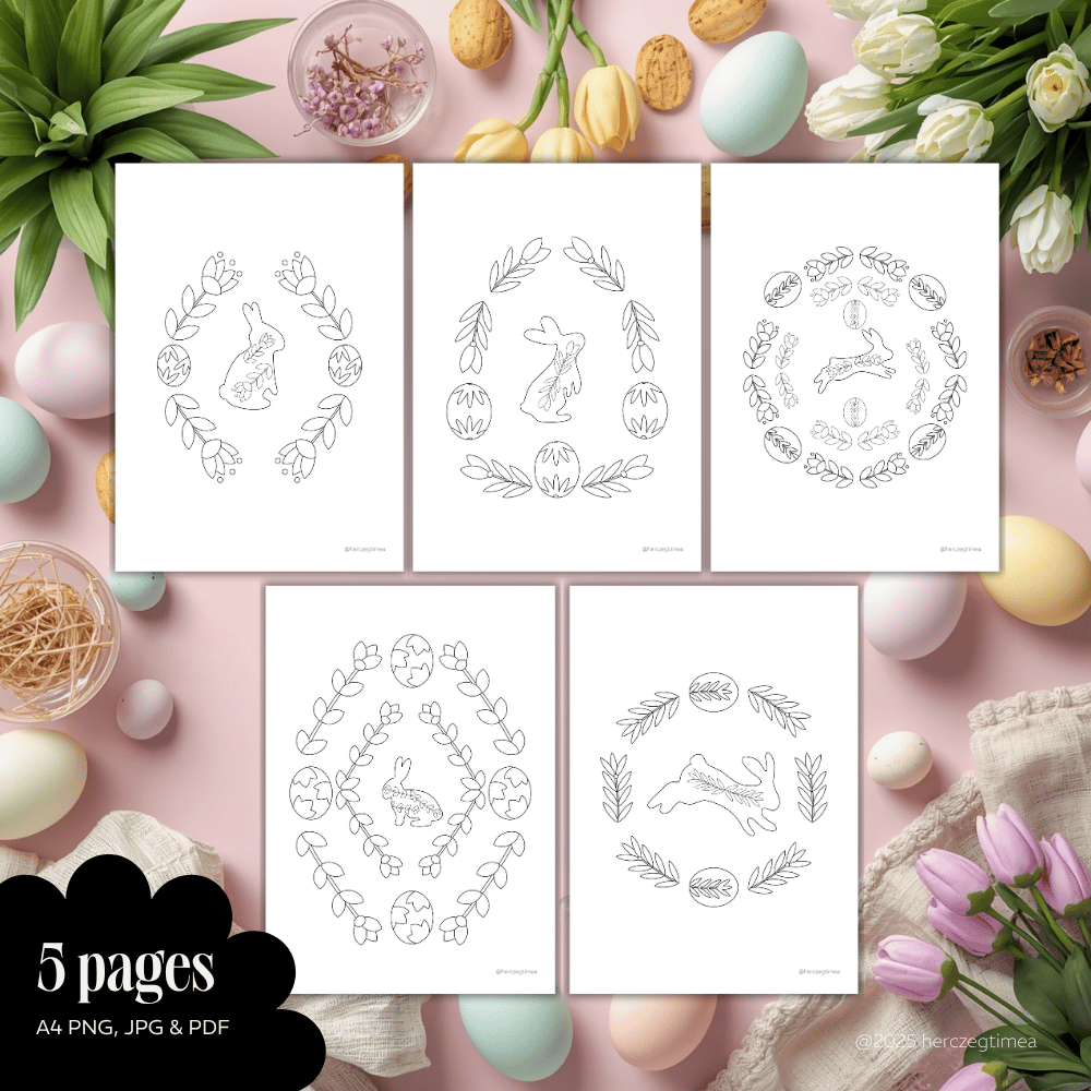 set of 5 easter pattern coloring page with eggs bunny and flowersillustrated by herczeg timea