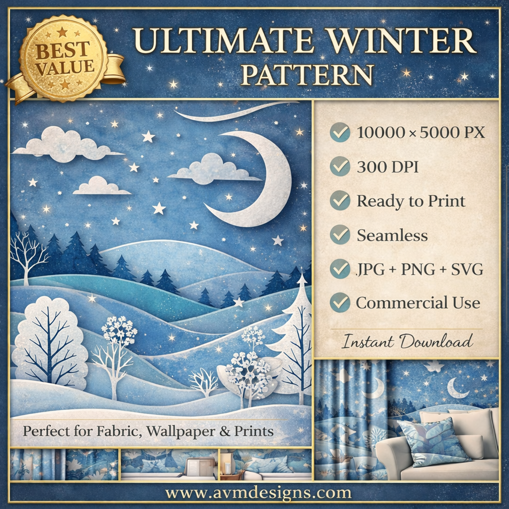 Winter Night Seamless Pattern Paper Cut Landscape with Snow Trees Moon and Stars Blue Holiday Background