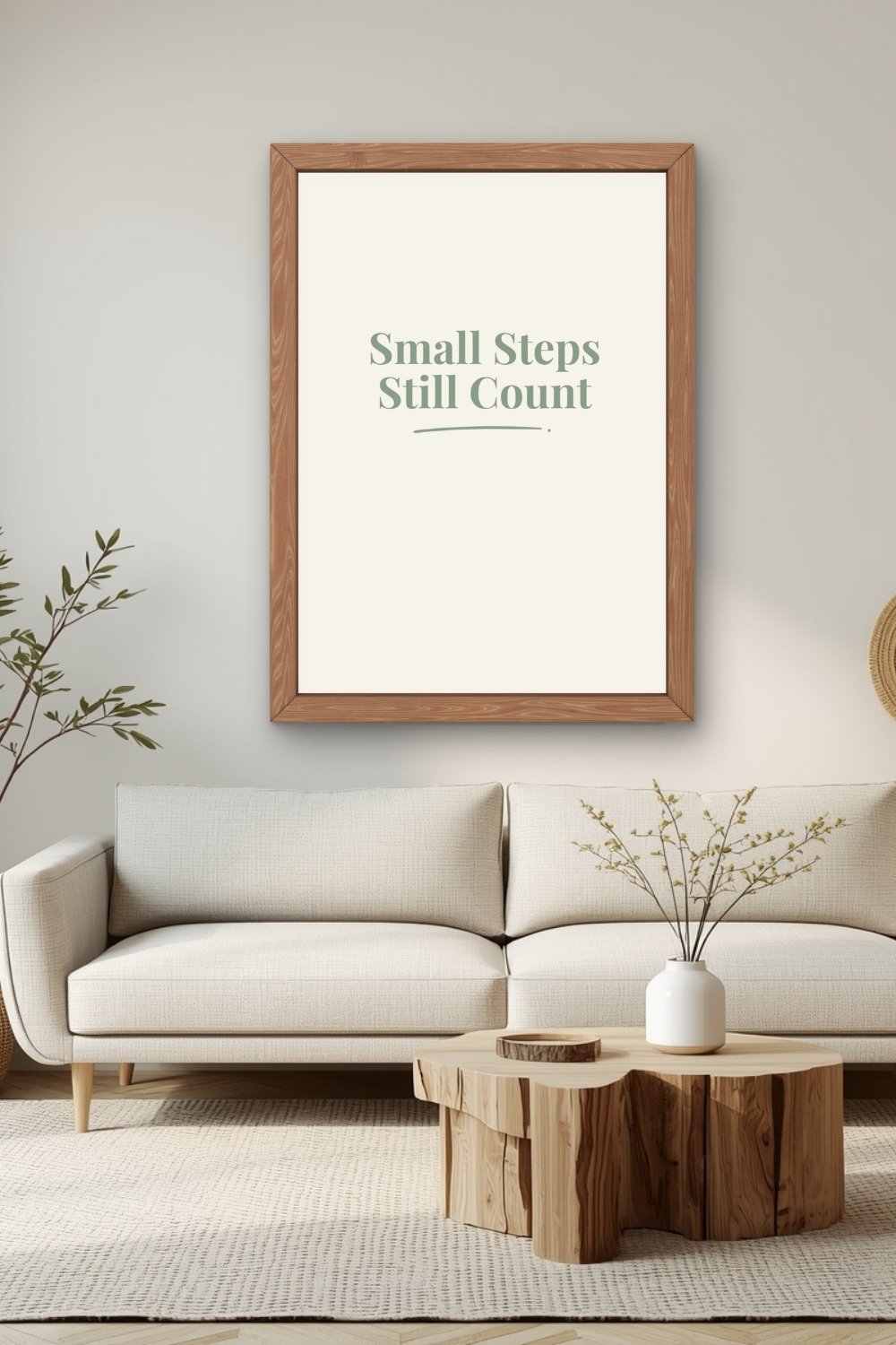 Small Steps Still Count affirmation wall art above sofa in calm minimalist living room decor