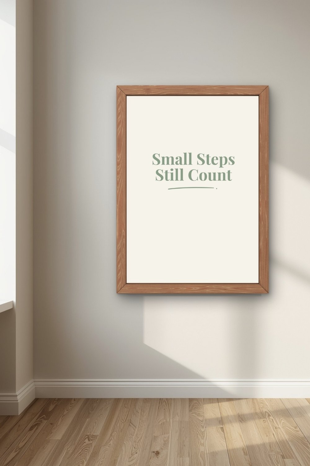 Minimalist sage green printable wall art Small Steps Still Count in neutral Scandinavian  interior with natural light
