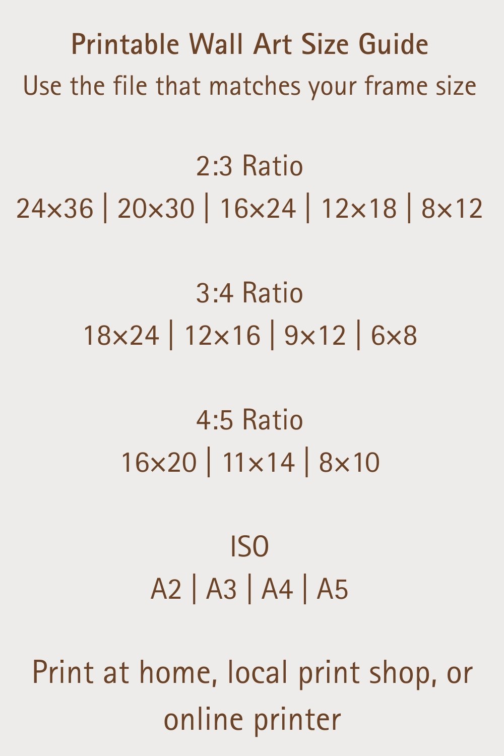 Printable wall art size guide ratios and dimensions for digital download poster sizes