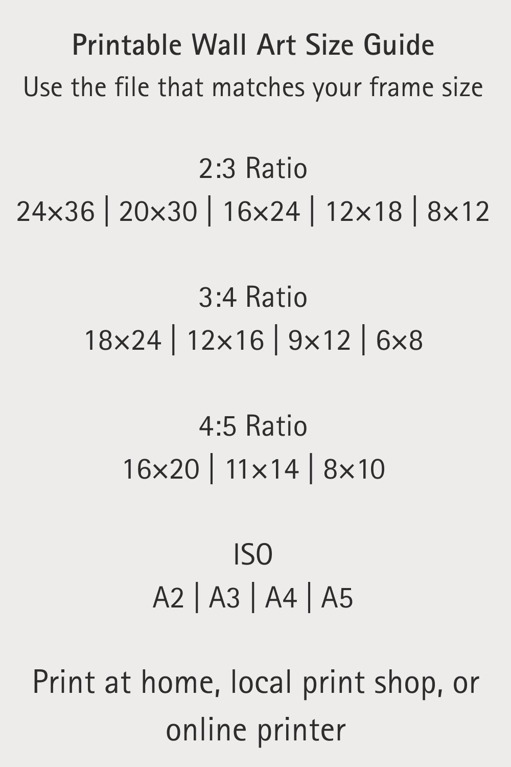 Printable wall art size guide ratios and dimensions for digital download poster sizes