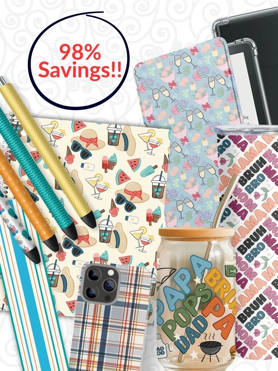 Collage of products featuring various patterns included in the Hot Mess Summer Digital Drive.