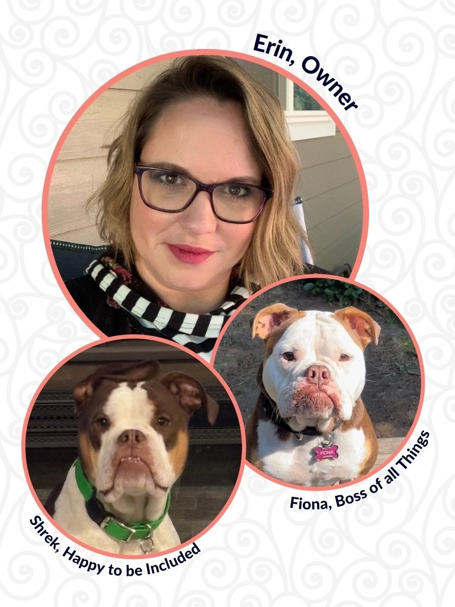Circular portraits of Erin, the owner, and her two bulldogs, Shrek and Fiona.