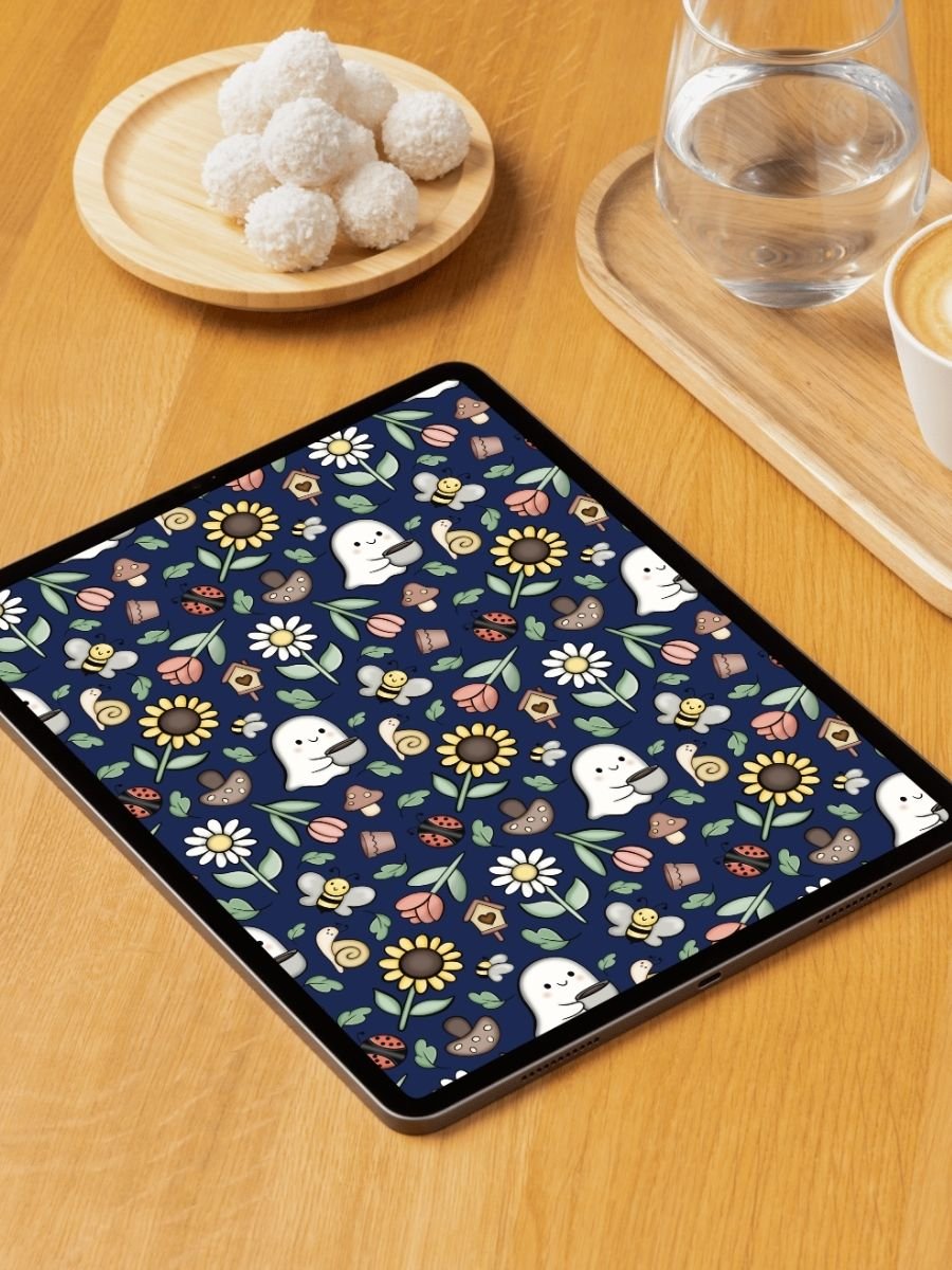 iPad displaying a finished digital pattern designs on a tabletop.