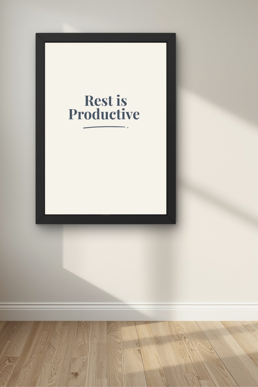 Minimalist navy printable wall art Rest is Productive in neutral Scandinavian  interior with natural light