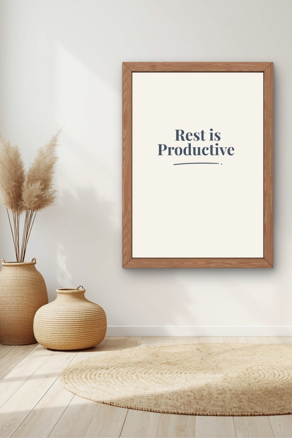 Minimalist affirmation wall art Rest is Productive in cozy neutral reading corner interior