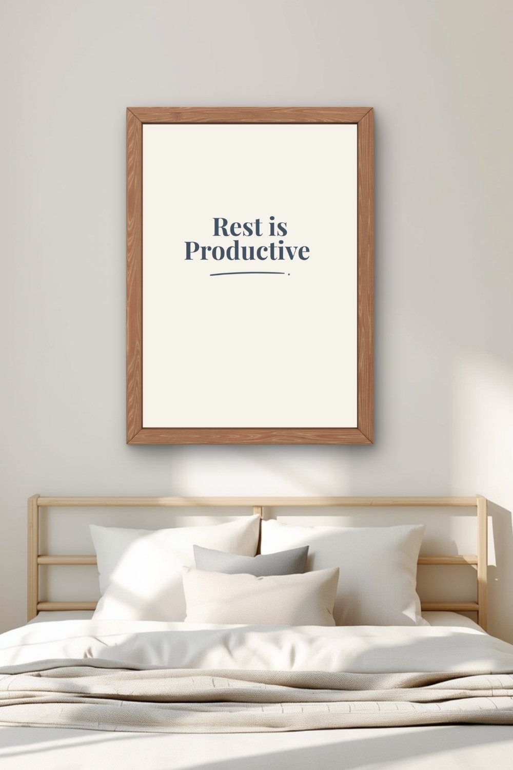 Rest is Productive affirmation wall art above bed in calm minimalist bedroom decor
