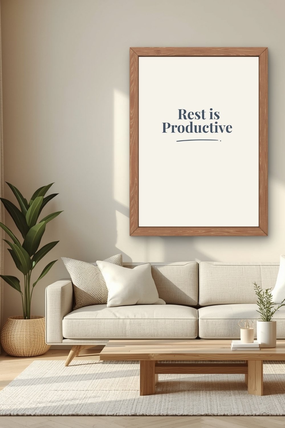 Rest is Productive affirmation wall art above sofa in calm minimalist living room decor