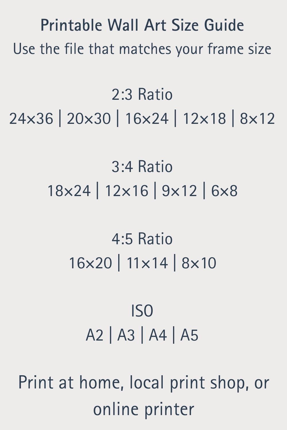 Printable wall art size guide ratios and dimensions for digital download poster sizes