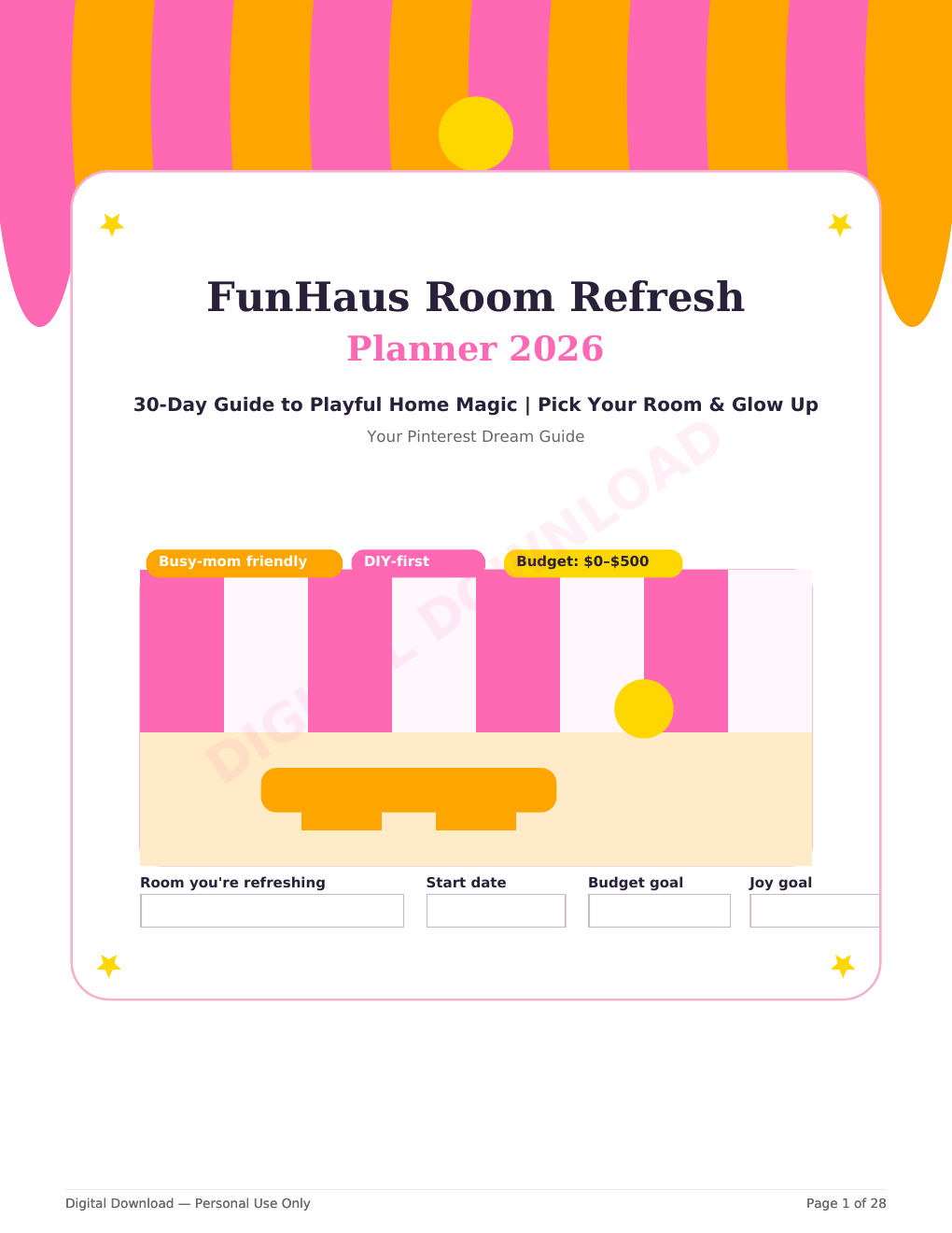 room refresh planner, room makeover planner, home decor planner, printable room planner, colorful home decor ideas, DIY room makeover, budget home decor, home styling workbook, interior design planner, bedroom refresh ideas, living room makeover planner, 