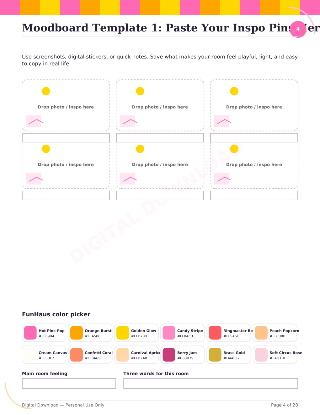 room refresh planner, room makeover planner, home decor planner, printable room planner, colorful home decor ideas, DIY room makeover, budget home decor, home styling workbook, interior design planner, bedroom refresh ideas, living room makeover planner, 