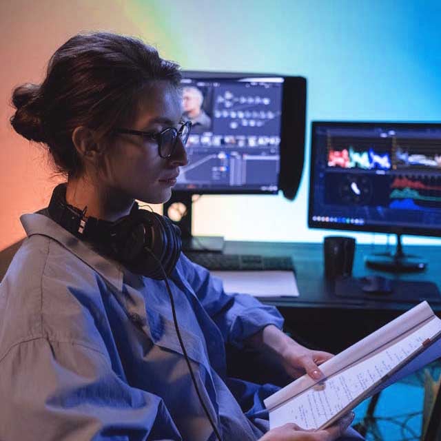 Femme qui lit un livre avec derrière elle un ordinateur montrant un logiciel de montage vidéo