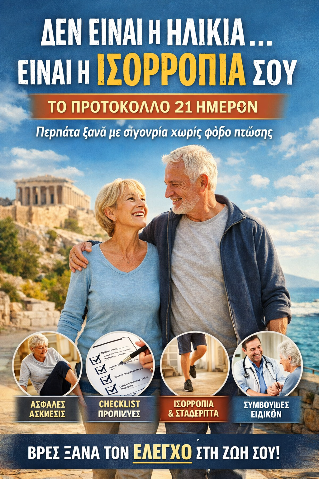 ισορροπία πτώσεις ηλικιωμένοι άσκηση στο σπίτι πρόληψη πτώσεων αστάθεια περπάτημα υγεία 60+ αυτοπεποίθηση φυσικοθεραπεία κινητικότητα ασκήσεις ισορροπίας