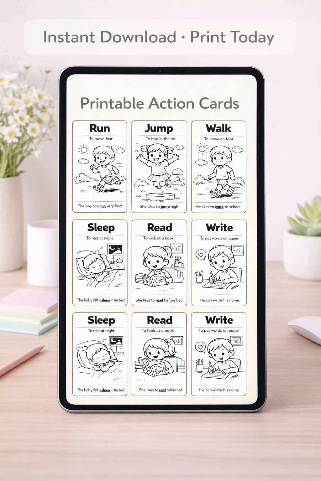 20 Action Words Coloring Cards for Kids (Ages 3–7) – Fun Verbs Learning Printable | Learn Actions Through Play