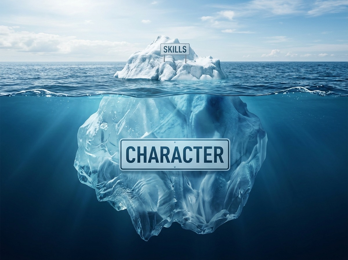 The Iceberg Model showing Character as the massive foundation below the water and Skills as the small tip above - what is