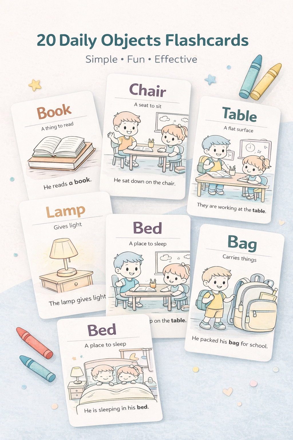 20 Daily Objects Flashcards for Kids (Ages 3–7) – Learn Everyday Vocabulary with Fun Coloring & Simple Sentences | Printable PDF