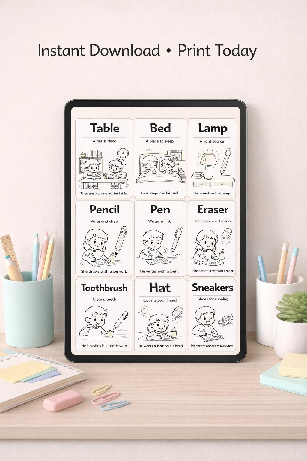 20 Daily Objects Flashcards for Kids (Ages 3–7) – Learn Everyday Vocabulary with Fun Coloring & Simple Sentences | Printable PDF