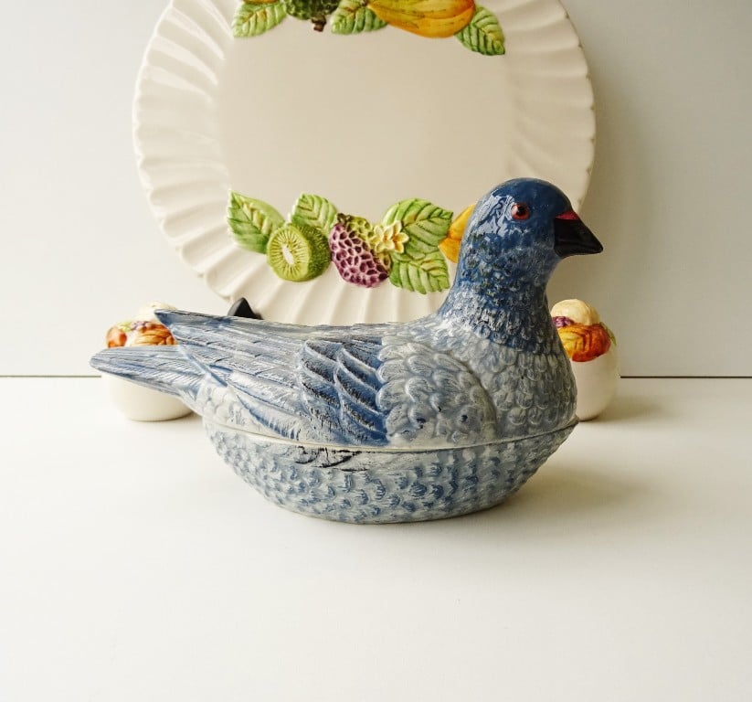 Michel Caugant Blue pigeon faience terrine, 1970s