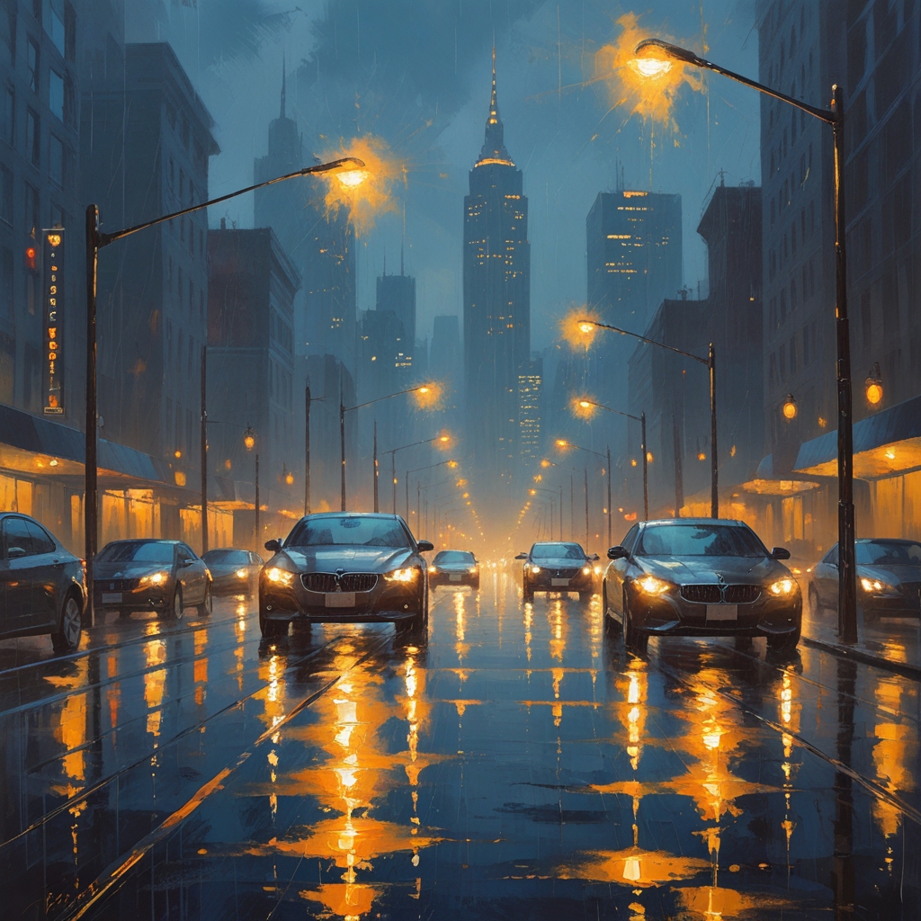 A rainy city street scene at dusk with sleek cars - Payhip