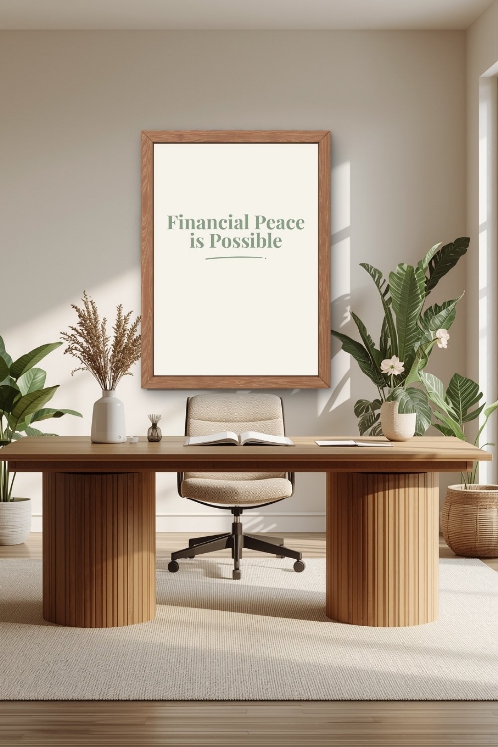Sage green printable quote wall art in home office workspace minimalist desk decor