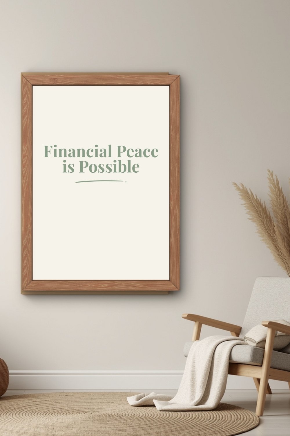 Minimalist affirmation wall art Financial Peace is Possible in cozy neutral reading corner interior