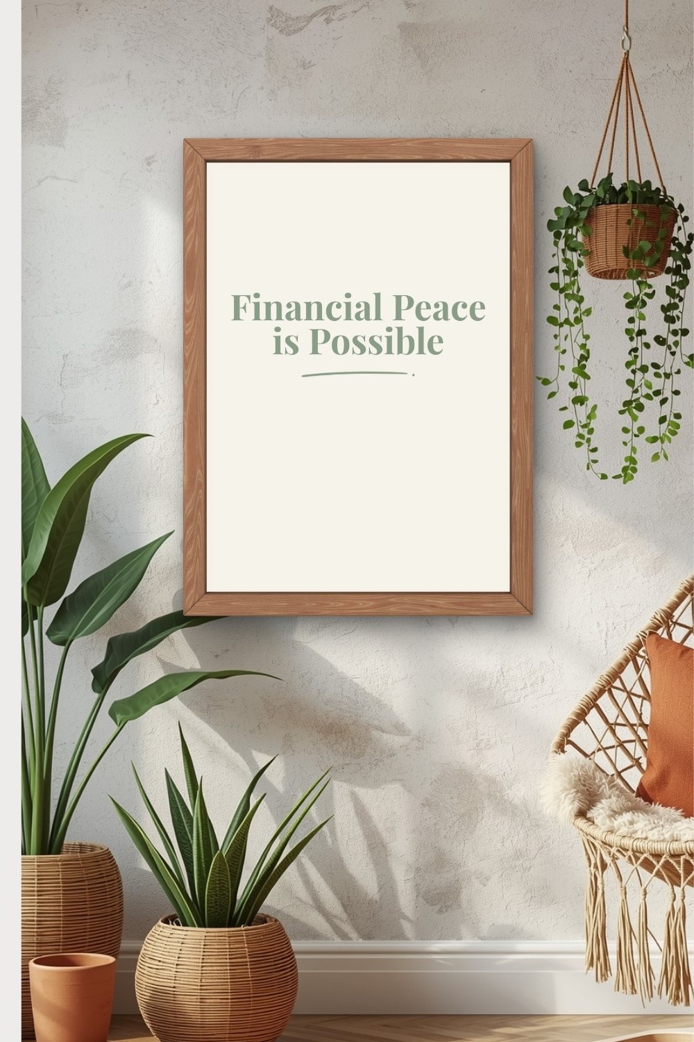 Minimalist affirmation wall art Financial Peace is Possible in cozy neutral corner with boho plants