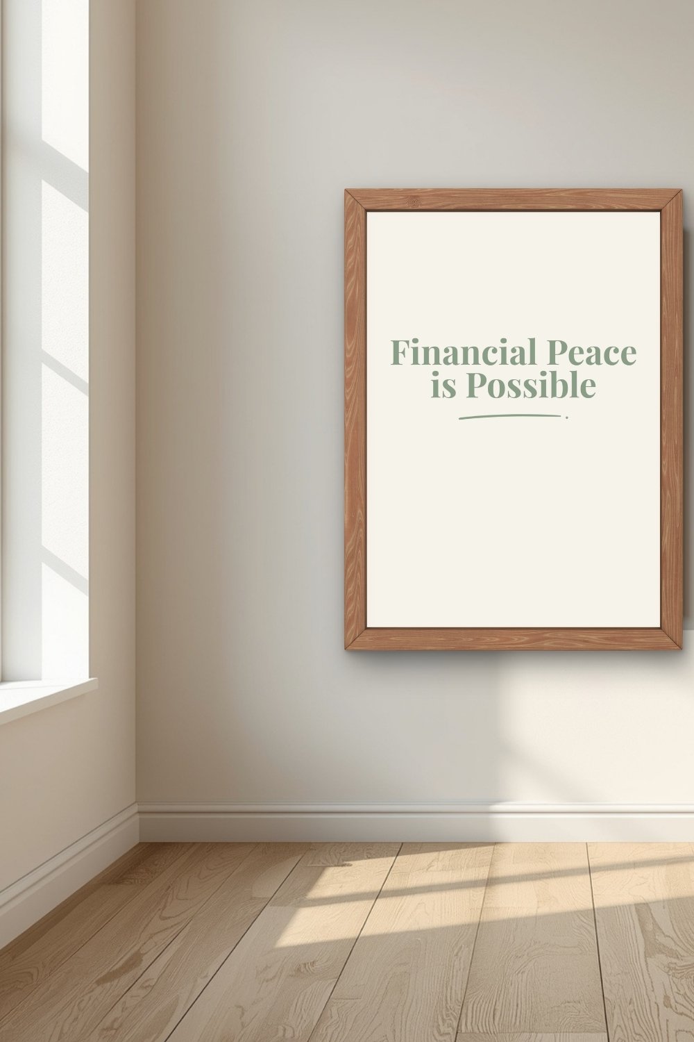 Minimalist sage green printable wall art Financial Peace is Possible in neutral Scandinavian  interior with natural light