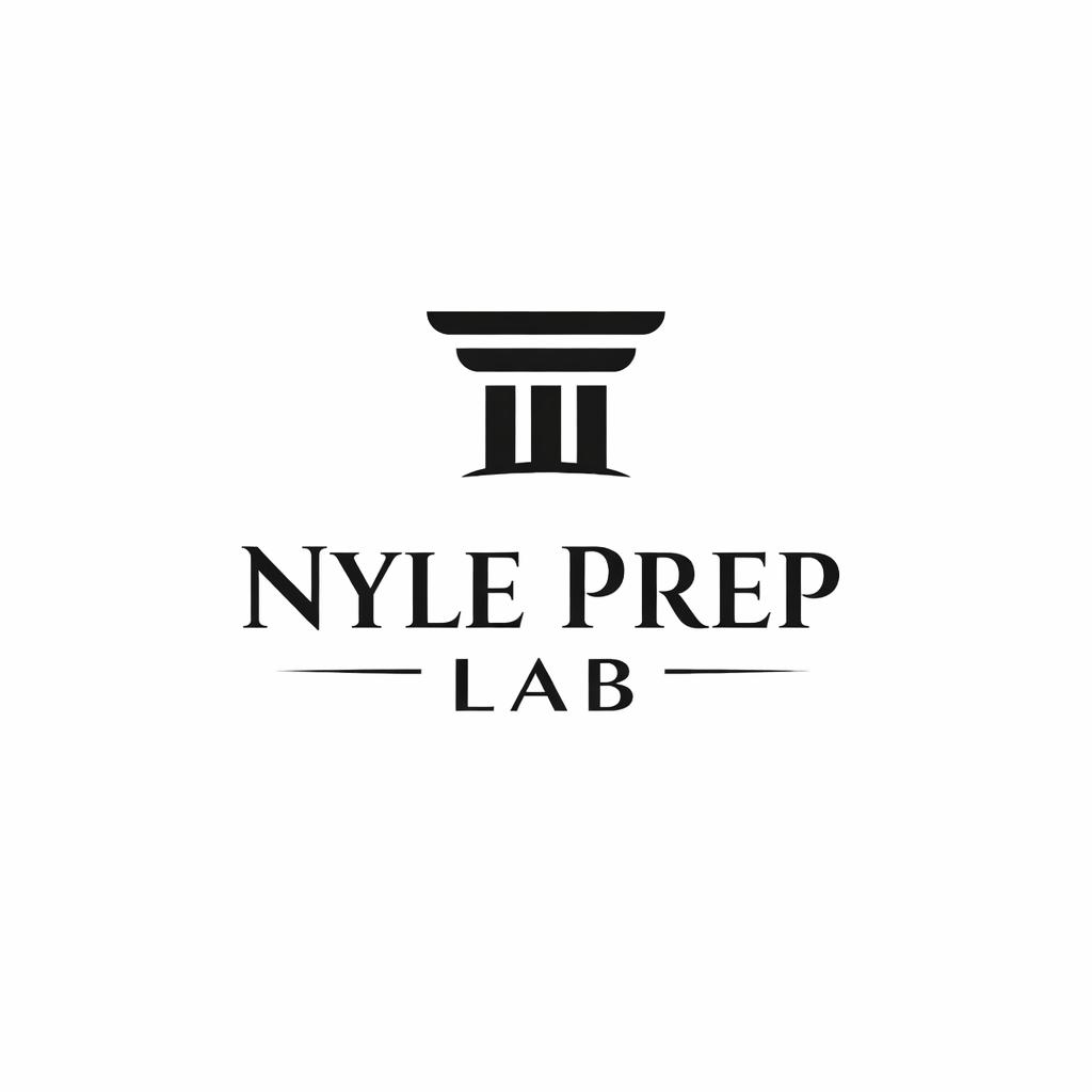 Minimalist logo for NYLE Prep Lab featuring a legal column, representing New York Law Exam (NYLE) preparation with NYLE-style hypotheticals, realistic practice questions, and full exam simulations.