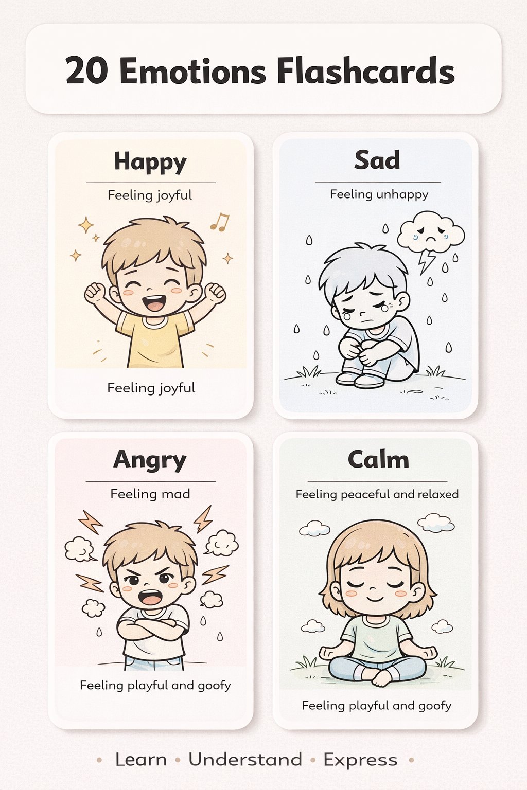 20 Kids Emotions Flashcards Pack for Ages 3–7 | Learn Feelings, Build Emotional Intelligence & Social Skills with Fun Printable Coloring Cards