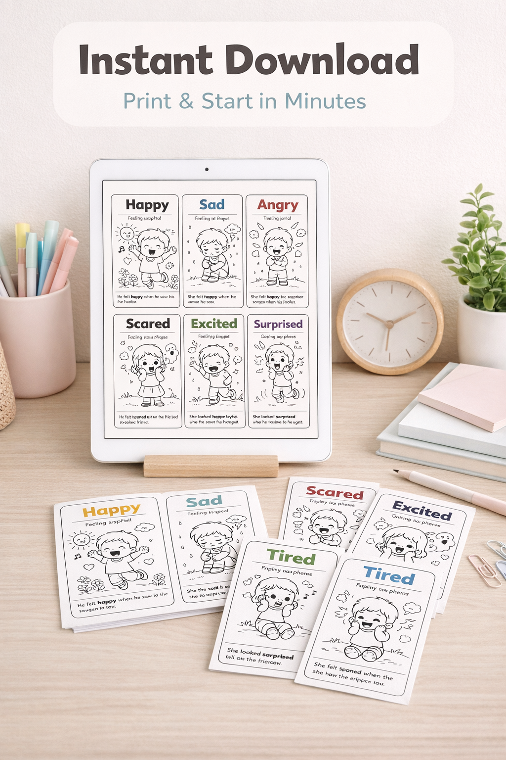 20 Kids Emotions Flashcards Pack for Ages 3–7 | Learn Feelings, Build Emotional Intelligence & Social Skills with Fun Printable Coloring Cards