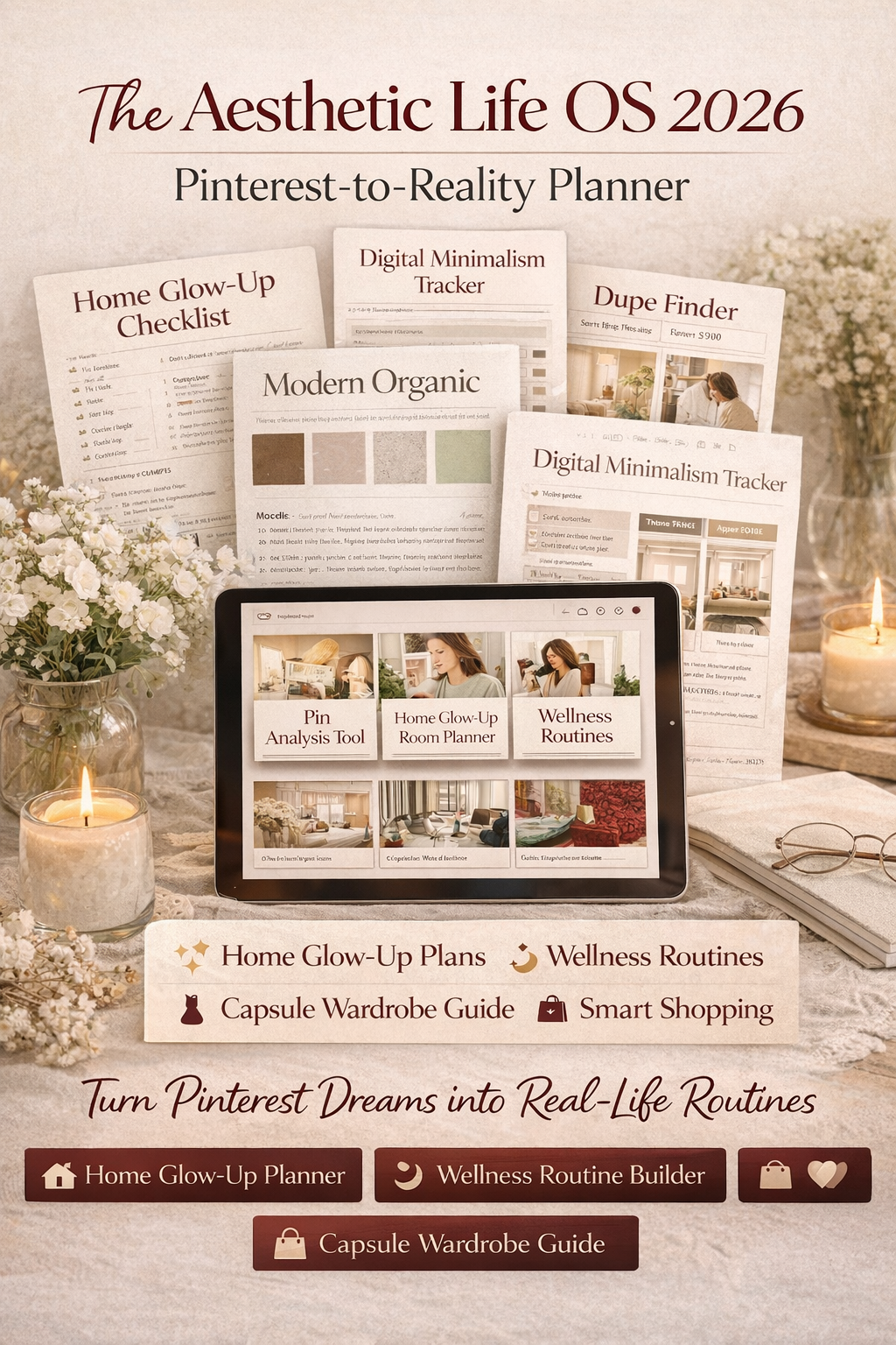 pinterest planner, aesthetic life planner, glow up planner for women, home glow up planner, wellness reset planner, digital minimalism planner, soft life planner, capsule wardrobe planner, quiet luxury planner, coastal grandmother planner, lifestyle reset