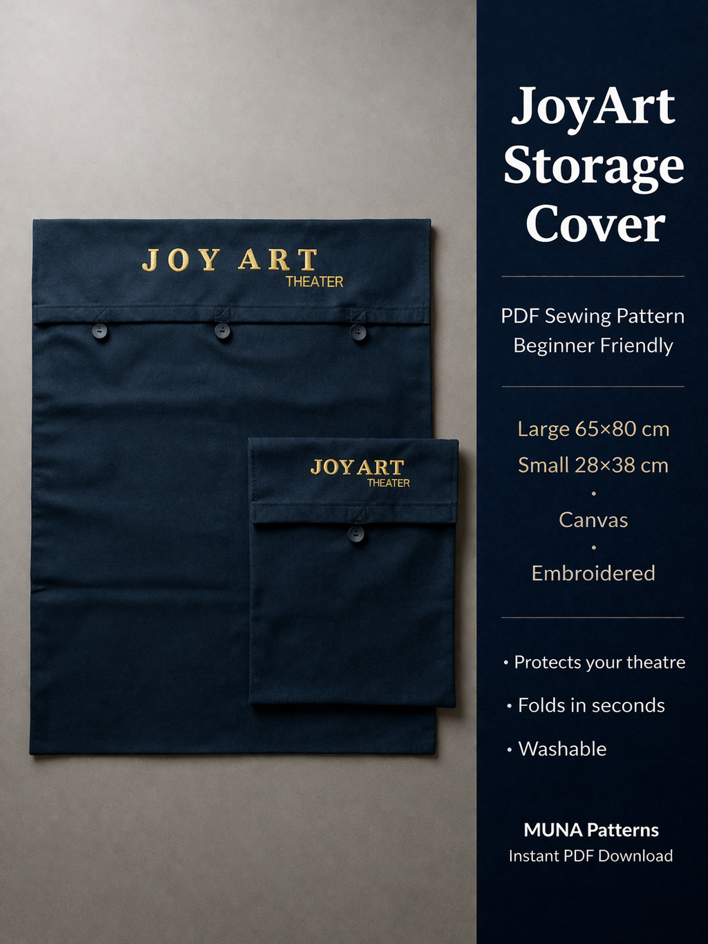 JoyArt Storage Cover PDF sewing pattern – beginner friendly canvas pouch, two sizes, embroidered, washable – MUNa Patterns instant download