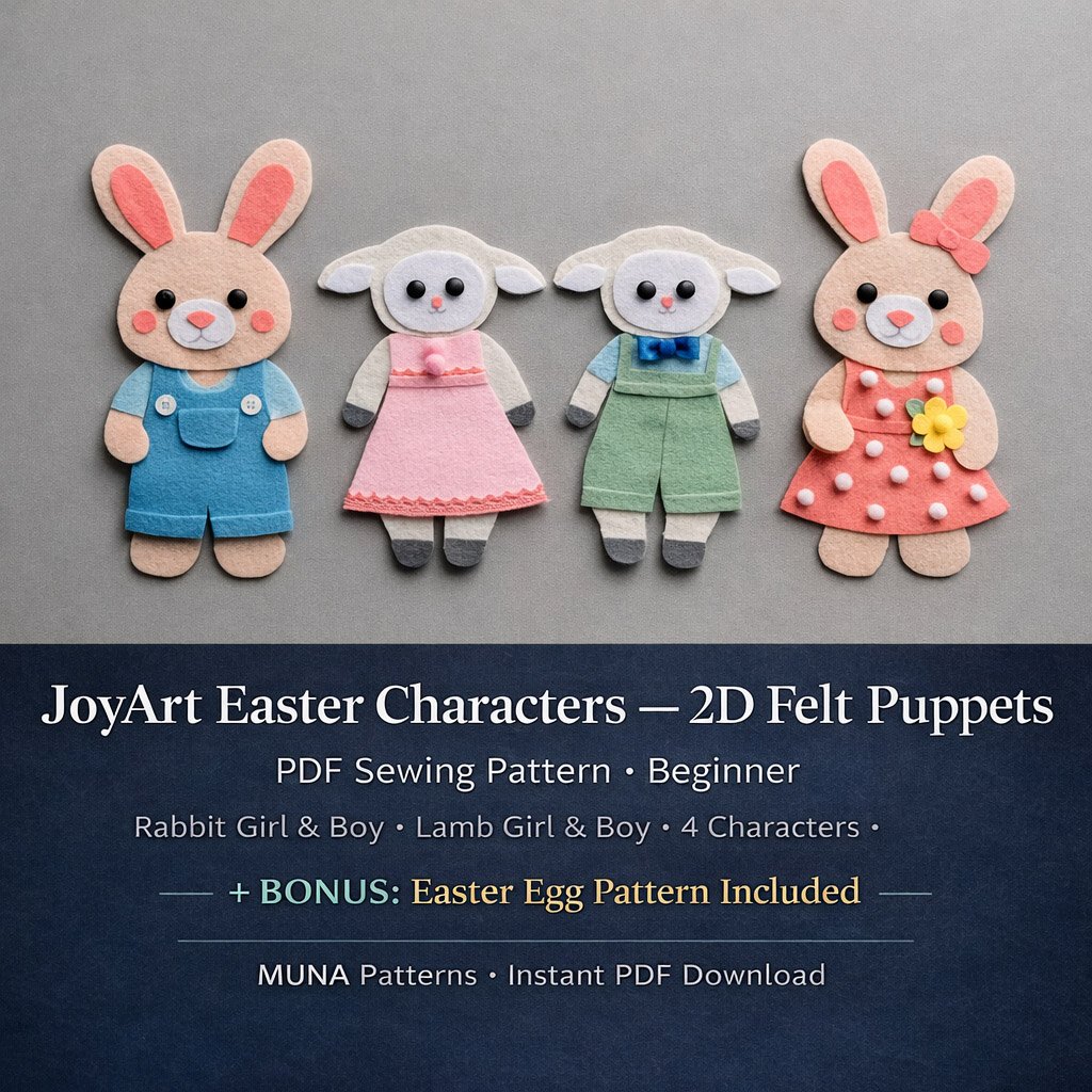 JoyArt Easter Felt Characters 2D PDF sewing pattern – 4 beginner felt puppets rabbit and lamb – MUNa Patterns instant download