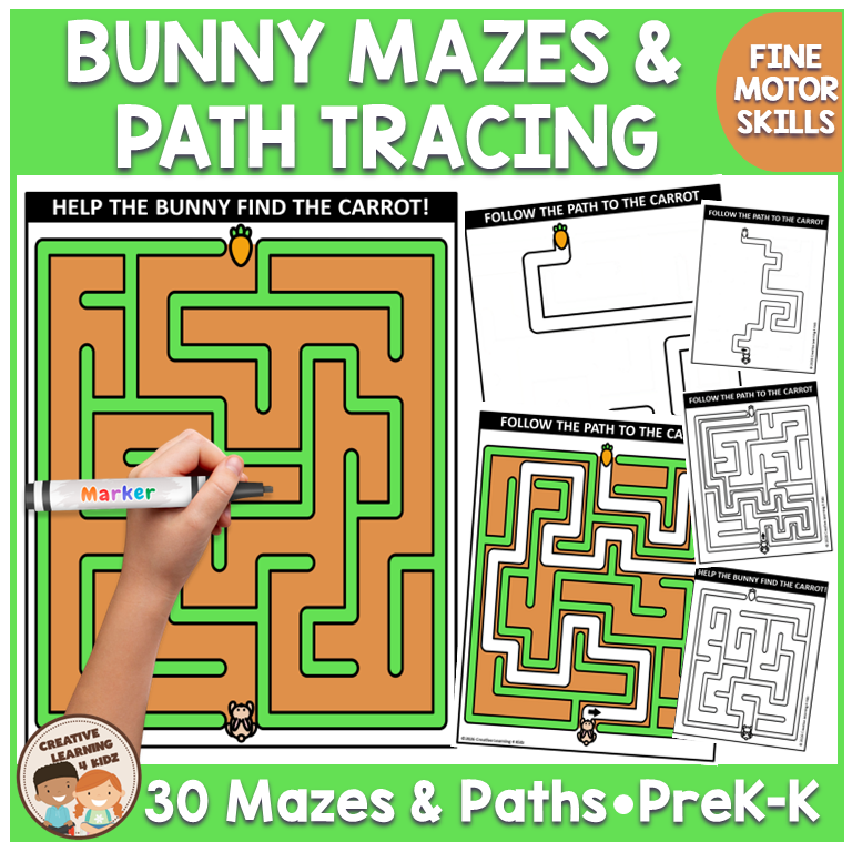 Spring Bunny Mazes & Path Tracing Worksheets | Fine Motor
