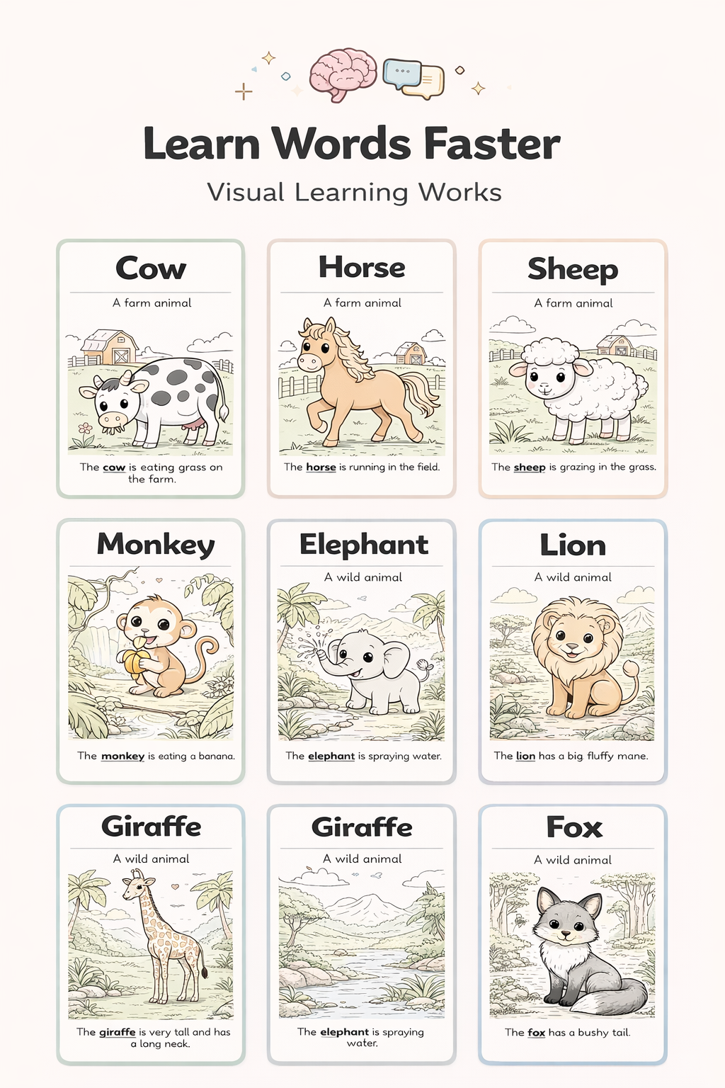 20 Printable Animals Flashcards for Kids (Ages 3–7) | Learn Animal Names, Build Vocabulary & Enjoy Fun Coloring Activities | Cute Educational Animal Pack