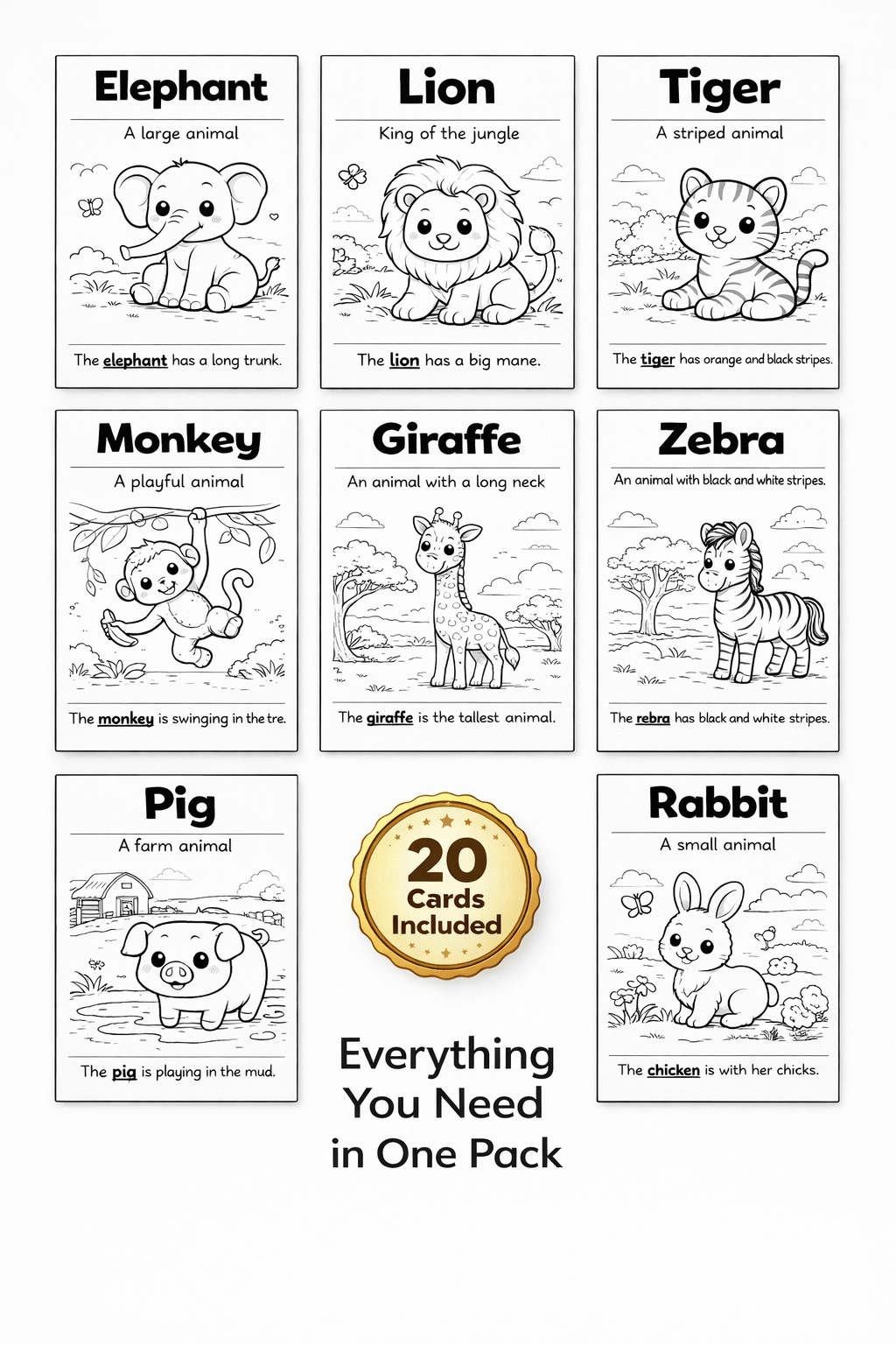 20 Printable Animals Flashcards for Kids (Ages 3–7) | Learn Animal Names, Build Vocabulary & Enjoy Fun Coloring Activities | Cute Educational Animal Pack