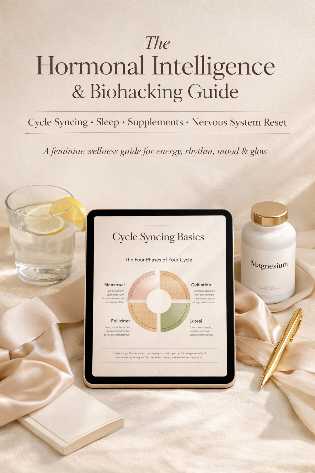 female biohacking guide, hormone balance for women, cycle syncing pdf, feminine wellness guide, sleep and cortisol support, nervous system healing for women, hormone health habits, women supplements guide, glow foods for skin and hormones, blood sugar bal