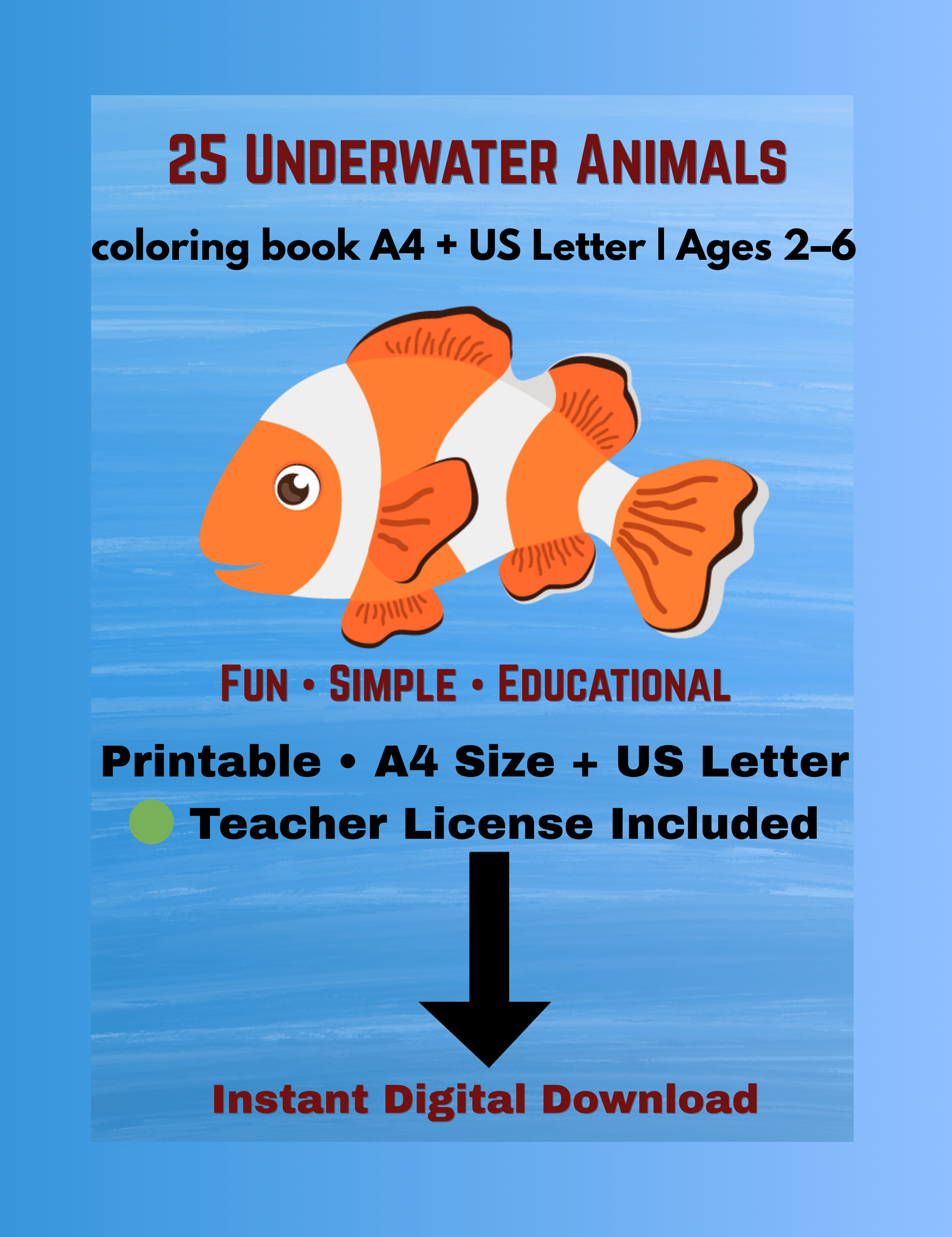 Underwater Animals Coloring Book for Kids (Ages 2–6) Printable PDF (A4 ...