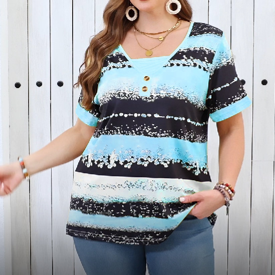 Plus size V-neck blouse with decorative buttons and relaxed fit