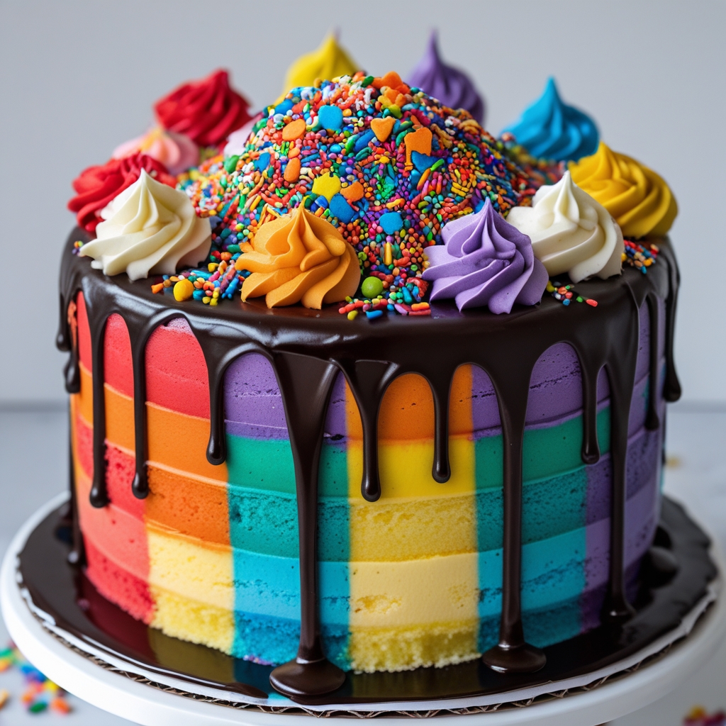 A image of a vibrant rainbow drip cake - Payhip