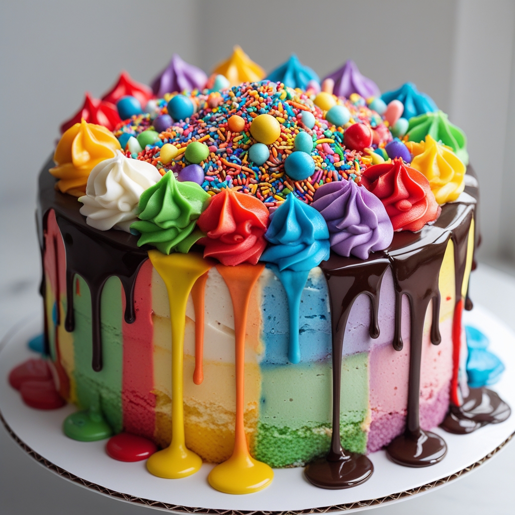 A image of a vibrant rainbow drip cake - Payhip