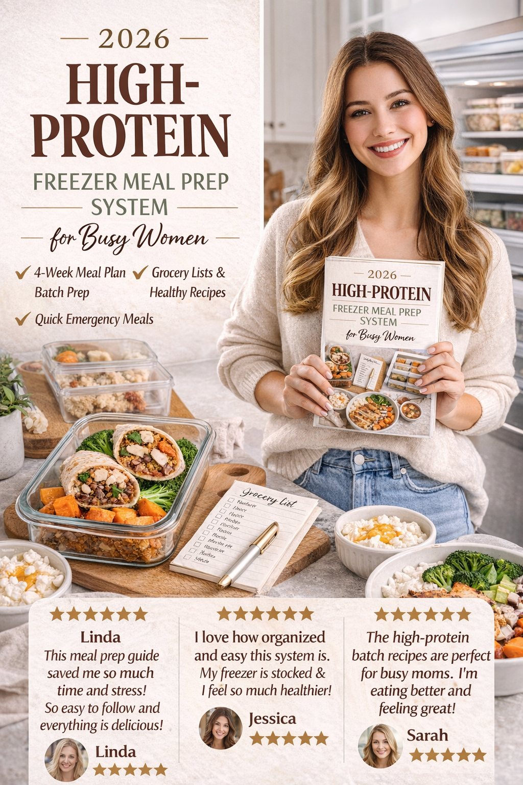 high protein meal prep, freezer meal prep, busy mom meal plan, healthy meal prep for women, high protein freezer meals, easy family meal prep, weekly meal planner pdf, grocery list planner, protein recipes for women, healthy freezer meals, batch cooking g