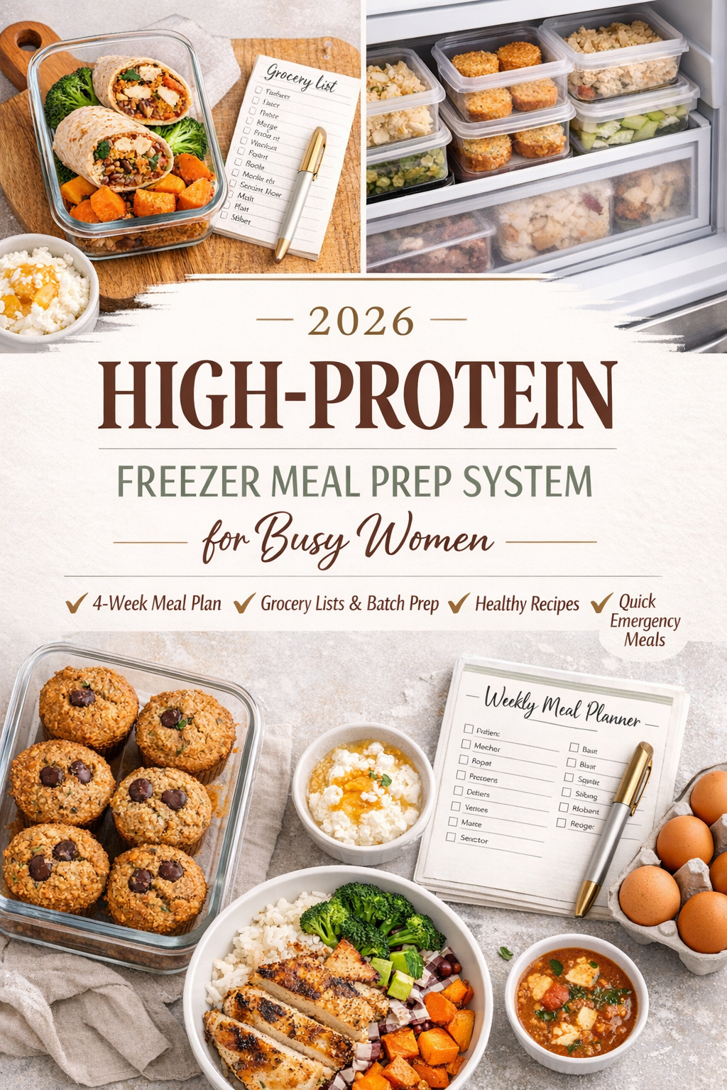 high protein meal prep, freezer meal prep, busy mom meal plan, healthy meal prep for women, high protein freezer meals, easy family meal prep, weekly meal planner pdf, grocery list planner, protein recipes for women, healthy freezer meals, batch cooking g