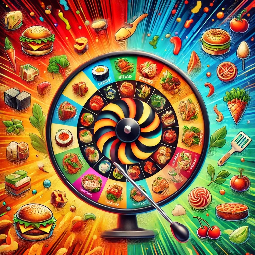 Colorful food roulette wheel illustration representing FeastFinder Culinary Roulette, an AI prompt for random takeaway meal ideas and food inspiration.