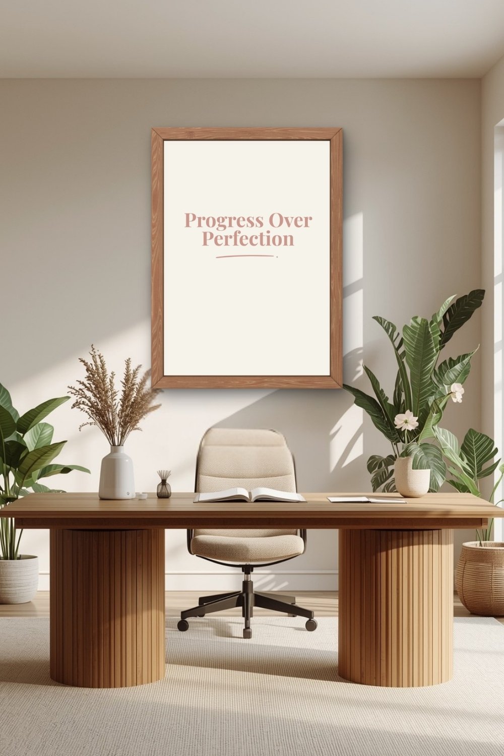 A terracotta typographic wall art print in a large wooden frame above a wide rounded wooden desk with a beige upholstered office chair, a white vase of dried grass, a tropical plant, and warm sunlight in a calm home office.