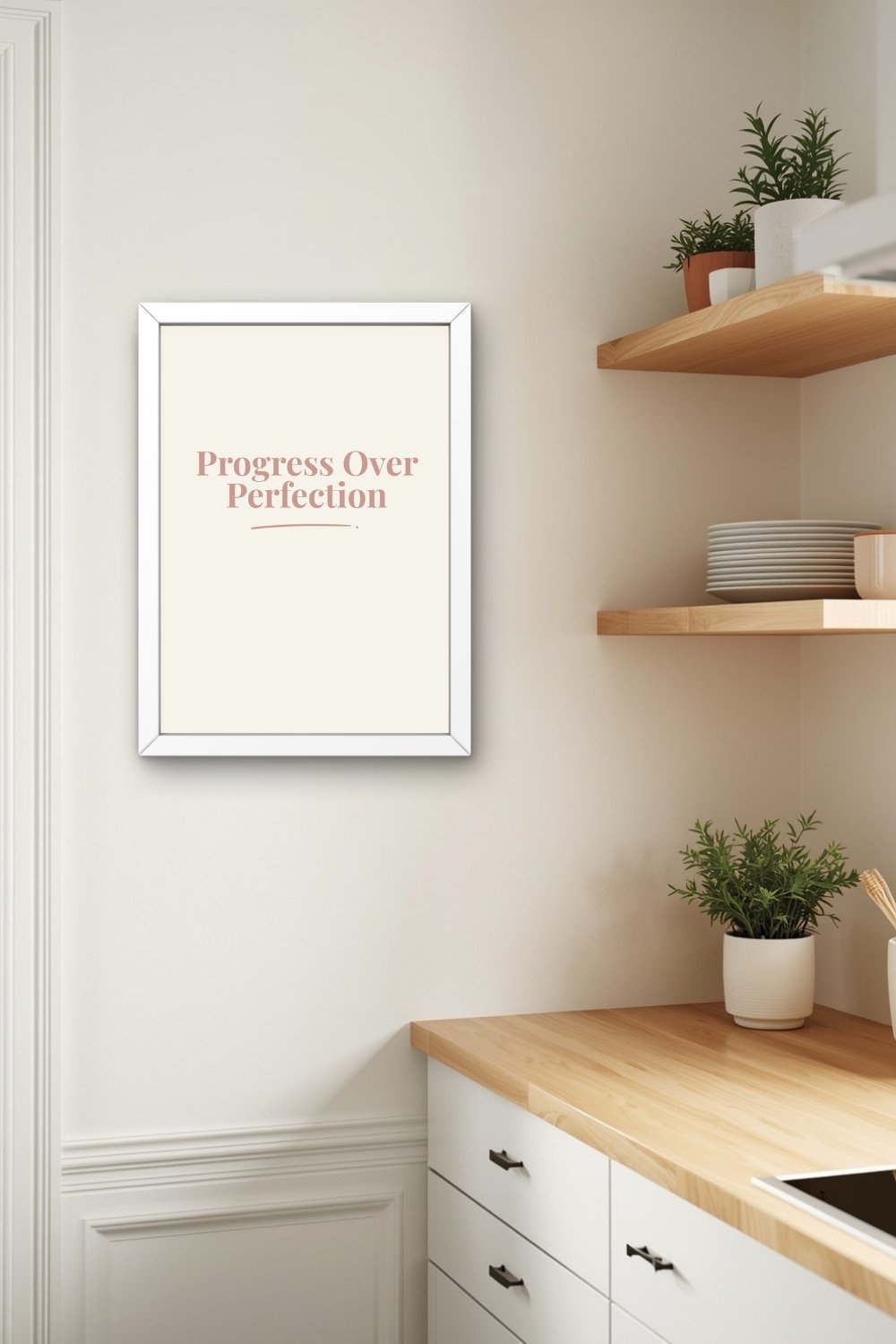 A terracotta typographic wall art print in a white frame on a neutral wall in a minimal kitchen corner with open wooden shelving holding stacked plates and potted herbs, a wooden countertop, and white cabinetry below.