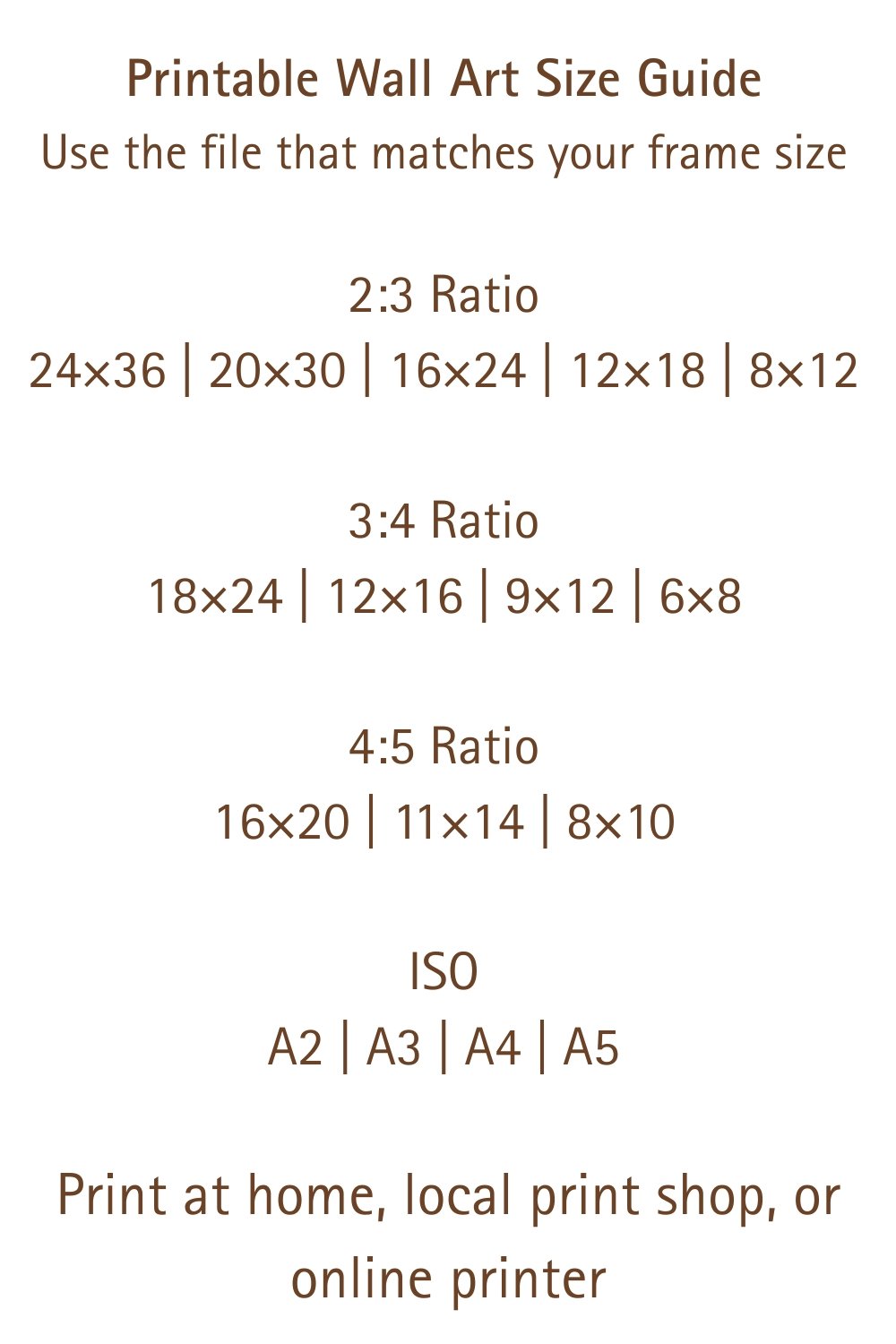 Printable wall art size guide ratios and dimensions for digital download poster sizes